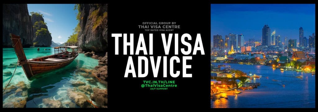 Thai Visa Advice Facebook group banner with a longtail boat lagoon and Bangkok riverfront skyline at night