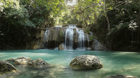 Jungle waterfall cascading into a turquoise pool ringed by mossy boulders
