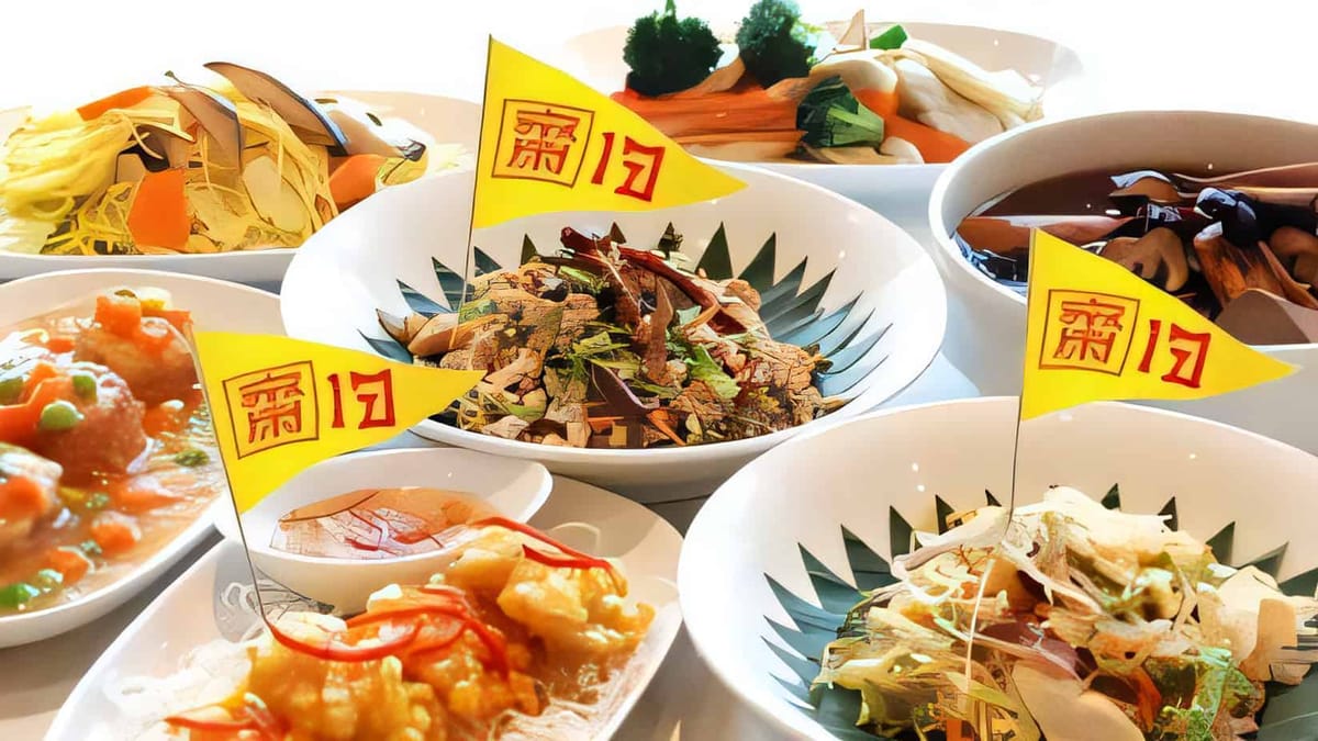 Plates of Thai jay vegetarian dishes marked with yellow jay flags at a meat-free restaurant
