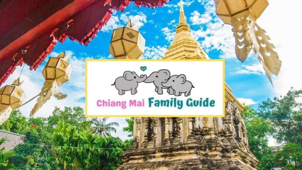Chiang Mai Family Guide logo of three elephants and a heart over a temple chedi and hanging Lanna lanterns