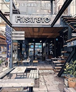Illustrated storefront of the Ristr8to coffee bar in Nimman with outdoor tables and signage