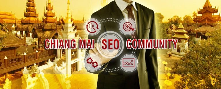 Chiang Mai SEO Community graphic banner with a suited man touching digital-marketing icons over Lanna temples