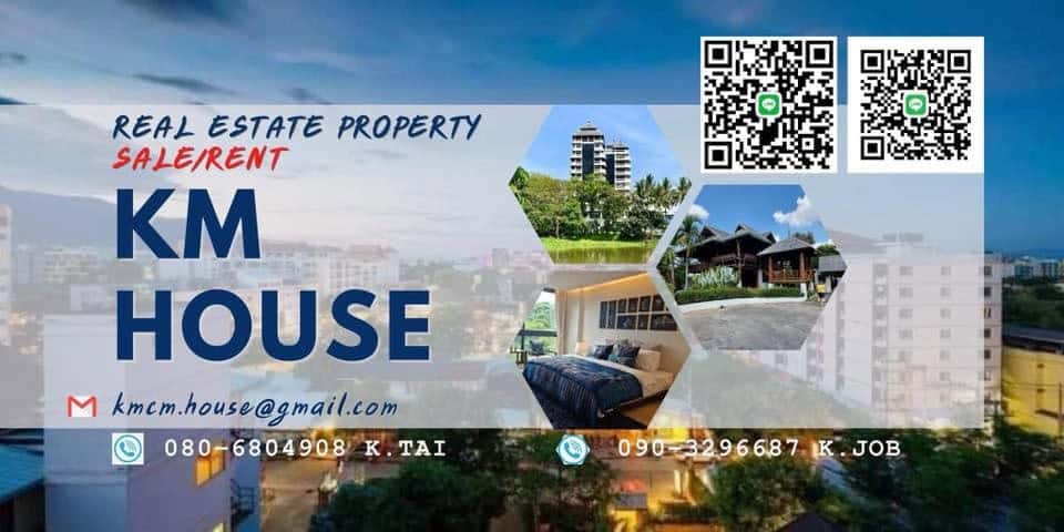 KM House real estate banner for property sale and rent in Chiang Mai with home photos, contacts and QR codes
