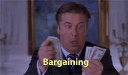 Man fanning a fistful of cash, captioned 'Bargaining'