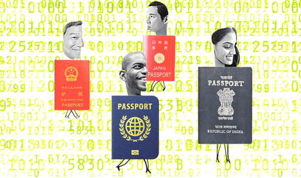 Cartoon passports from several countries walking on legs against a digital code backdrop