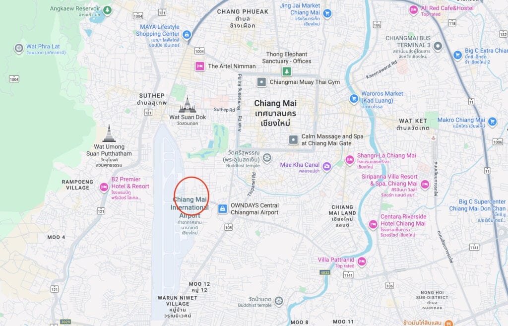 Google Map of Chiang Mai with Chiang Mai International Airport circled just southwest of the city center