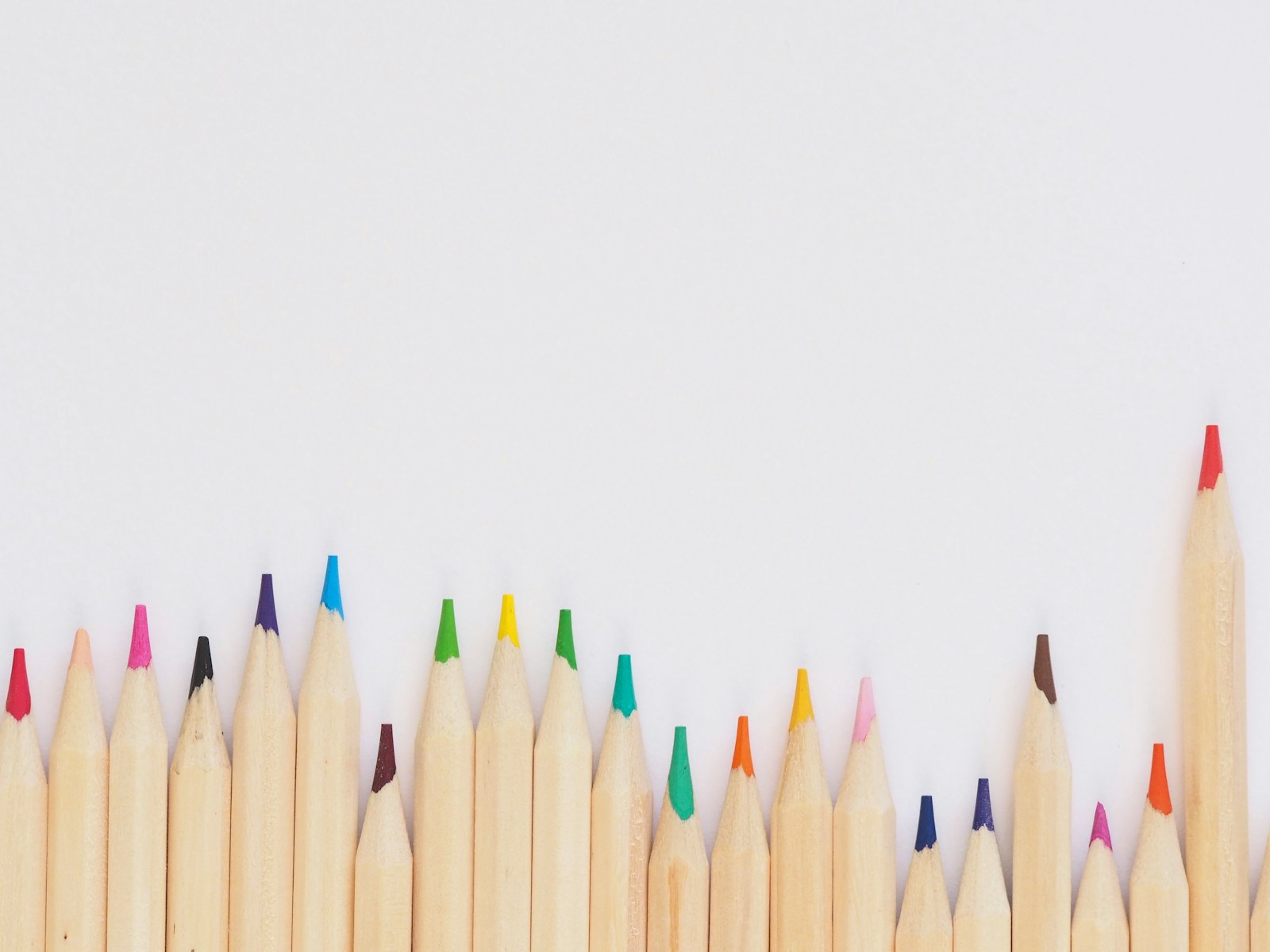 A row of sharpened colored pencils lined up on white, one red pencil standing taller
