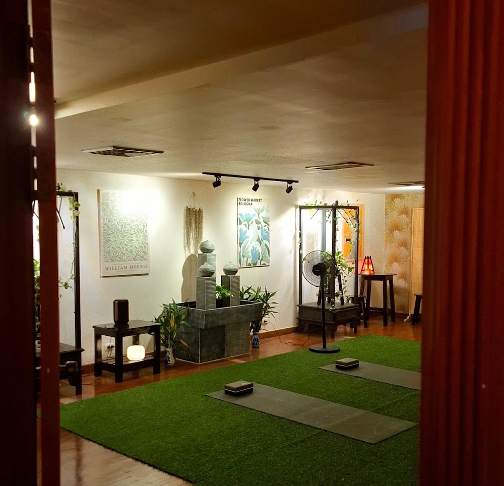 Warmly lit relaxation room with artificial-grass mats, a stone water fountain and botanical prints at Bliss