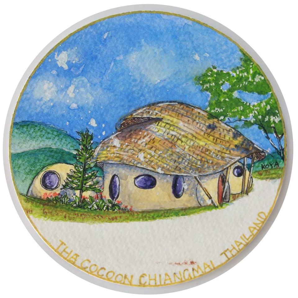 Palm-shaded garden with a thatched dome sauna, pool and loungers at The Cocoon