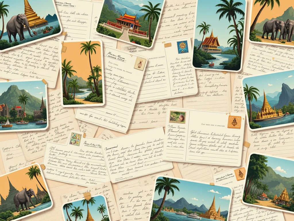 A collage of handwritten vintage Thailand travel postcards with temples, elephants and palm trees